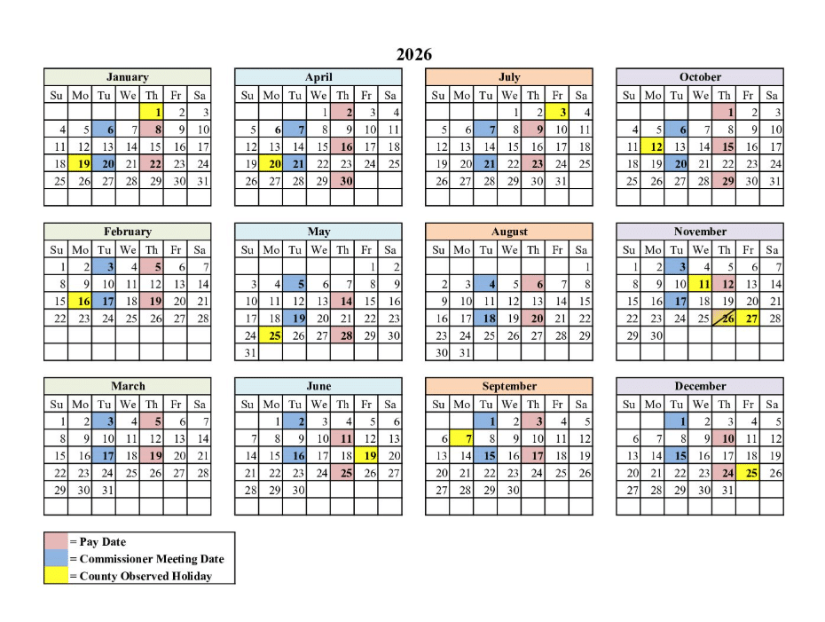 2026 Commissioner's Calendar - Meetings & Holidays